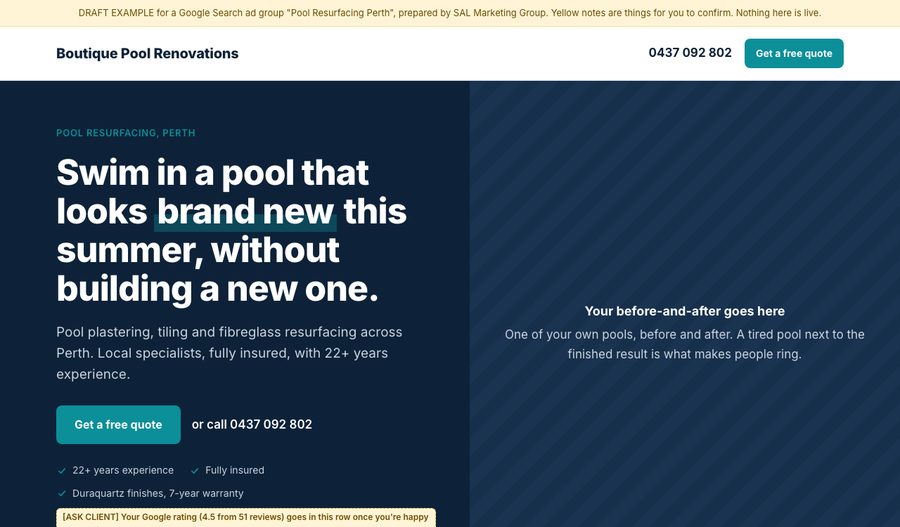Preview of the Pool Resurfacing Perth landing page